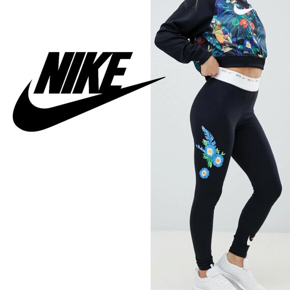 Nike Pants - EUC Nike Black Hyper Femme Floral Logo High Rise Leggings Sz S